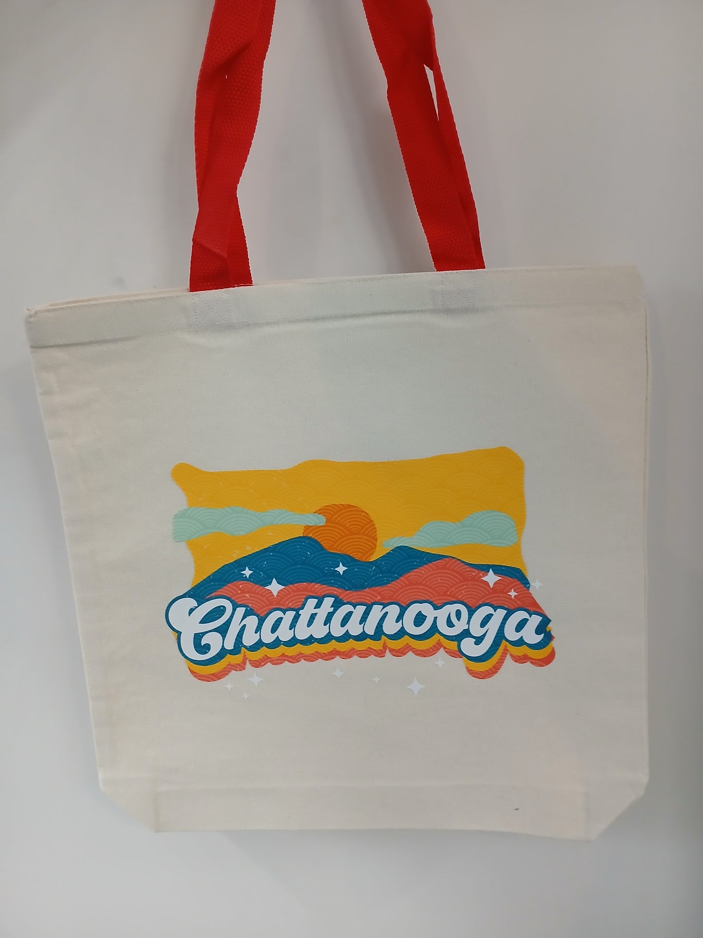 Pastel Mountains Tote- Red Handles