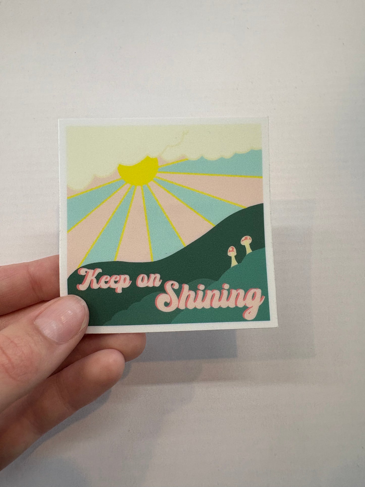 Keep on Shining 70’s Retro Sunrise & Mushrooms Vinyl Sticker – 3″ × 3″ - Wanderland Art House