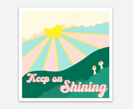 Keep on Shining 70’s Retro Sunrise & Mushrooms Vinyl Sticker – 3″ × 3″ - Wanderland Art House