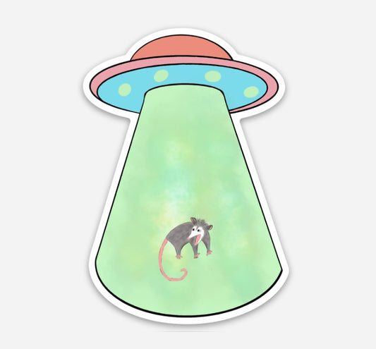 Opossum UFO Abduction Vinyl Sticker – 2″ × 2.87″ - Wanderland Art House