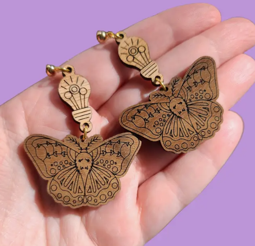 Moth with Light Bulb Engraved Wood Earrings- Mini Kitty Designs