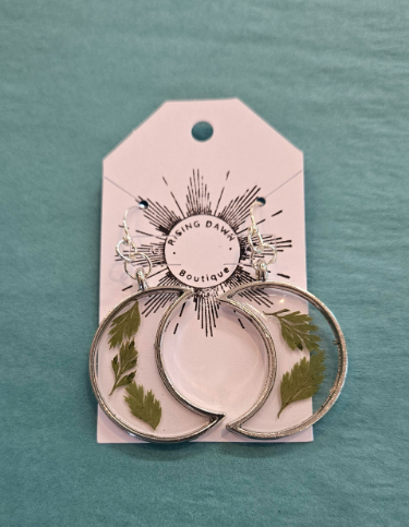 Silver Crescent Moon Resin Fern Earrings-Rising Dawn