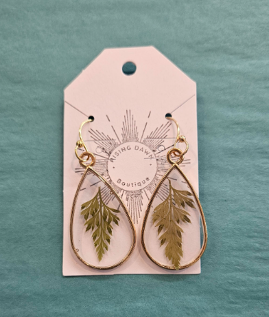 Gold teardrop Ferns In Resin Earrings-Rising Dawn