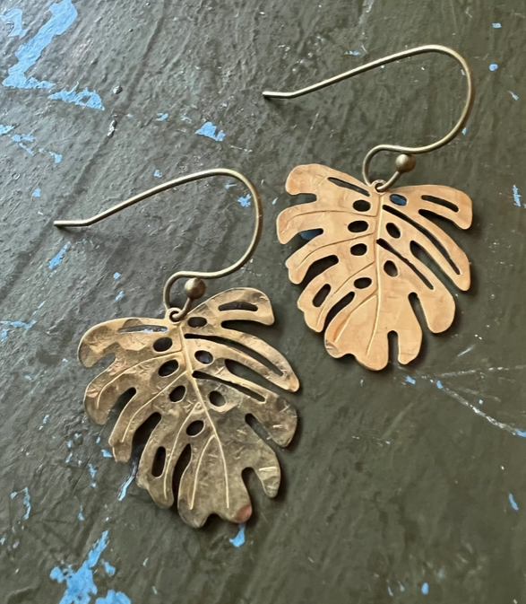 Brass Hammered Monstera Earrings-Rising Dawn