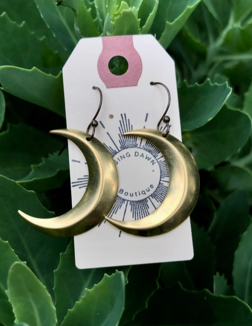 Brass Crescent Moon Earrings-Rising Dawn
