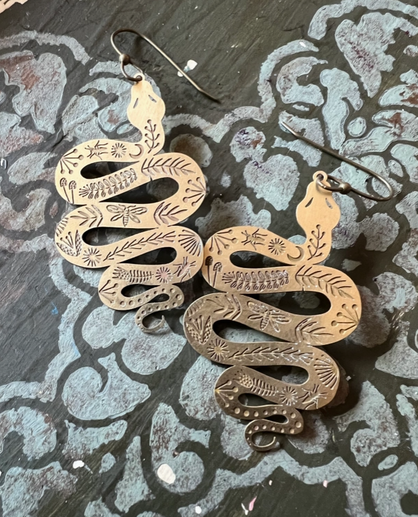 Brass Snake Earrings W/ Crescent Moons-Rising Dawn