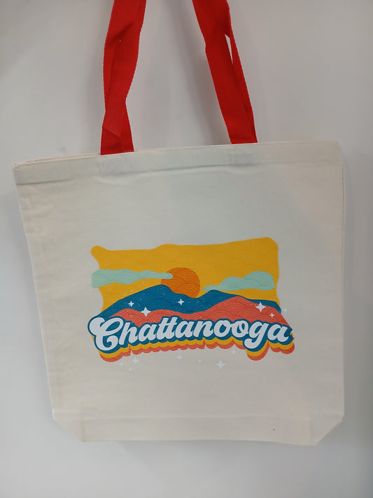 Pastel Mountains Tote- Red Handles