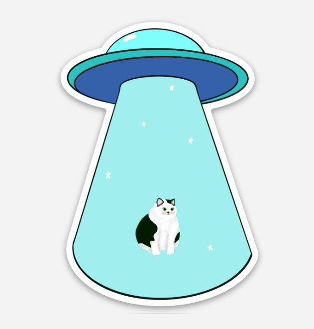 Fat Cat UFO Abduction Vinyl Sticker – 2″ × 2.87″ - Wanderland Art House