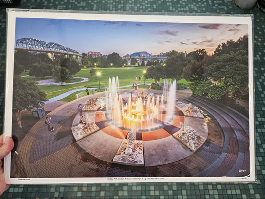 Steven Llorca print- 12x18 Coolidge Park Fountains at Sunset