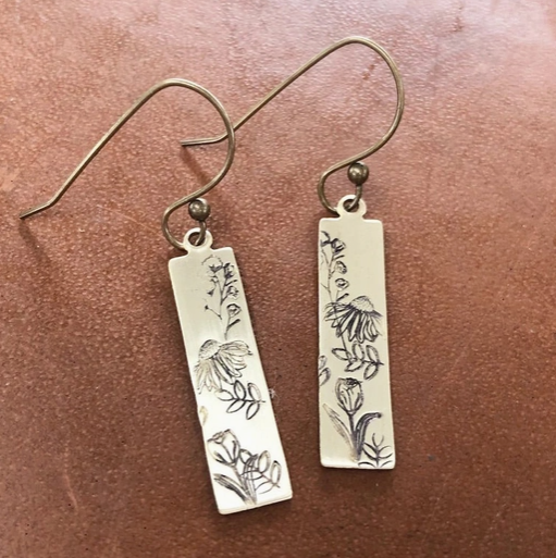 Brass Wildflower Rectangle Earrings-Rising Dawn