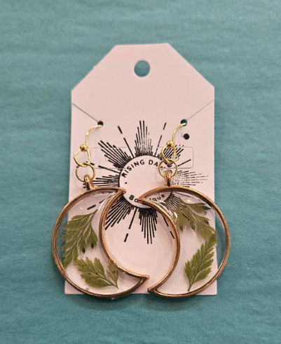 Gold Crescent Moon Resin Fern Earrings-Rising Dawn
