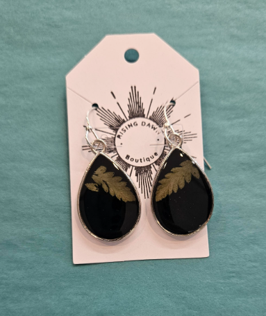 Silver Teardrop Ferns In Black Resin Earrings-Rising Dawn