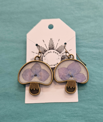 Bronze Mushroom & Hydrangea In White Resin Earrings-Rising Dawn