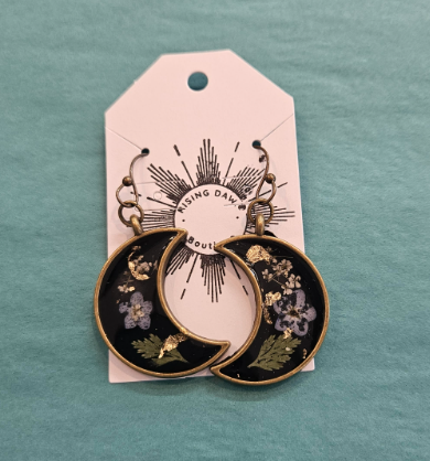 Bronze Crescent Flowers On Black Resin Earrings-Rising Dawn