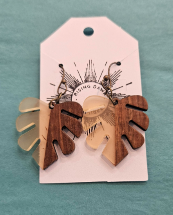 Wood & Resin Monstera Earrings In Bronze-Rising Dawn